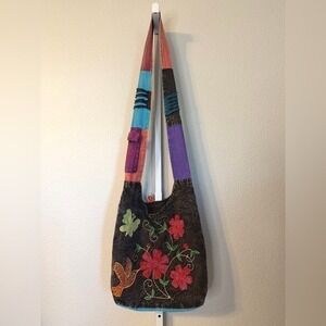 Boho Embroidered Hummingbird Patchwork Hobo Bag Cotton‎ Nepal Crossbody
